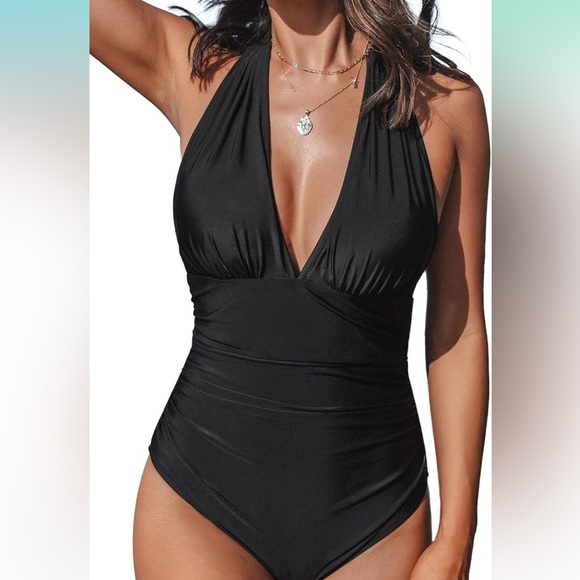Cupshe Other - CUPSHE Women’s V neck One piece swimsuit Hater Backless Rushed Tummy Control NWT